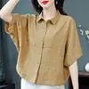 Blusa Casual de Manga Corta de Algodón y Lino Nueva y Elegante para Mujer, Corte Holgado Estilo Murciélago, Camisa de Estilo Vintage para Verano