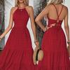 2026Shein Loja Online Independente Comércio Exterior Roupas Femininas Vestido Vermelho Retrô de Gola Halter Verão Vestido Longo Sem Costas de Cintura Alta