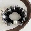 Scrunchie Retro Xadrez Renda Pérola Estilo Coreano Tendência Elástico Alto para Rabo de Cavalo