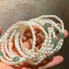 Pulsera de Muñeca con Perlas de Agua Dulce Naturales Brillantes de Alta Calidad de 3-4 mm Casi Perfectas y Pulsera de Jade Dongling