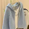 Cardigan de Tricô com Capuz e Zíper Listrado Ondulado Estilo Coreano Feminino 2026 Outono/Inverno Novo Estilo Preguiçoso Casaco Suéter Solto