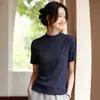 2026 Primavera e Verão Novo Tricô Fino de Gola Meia-Alta Manga Curta Feminino Cor Sólida Suéter Camisa Base Camiseta