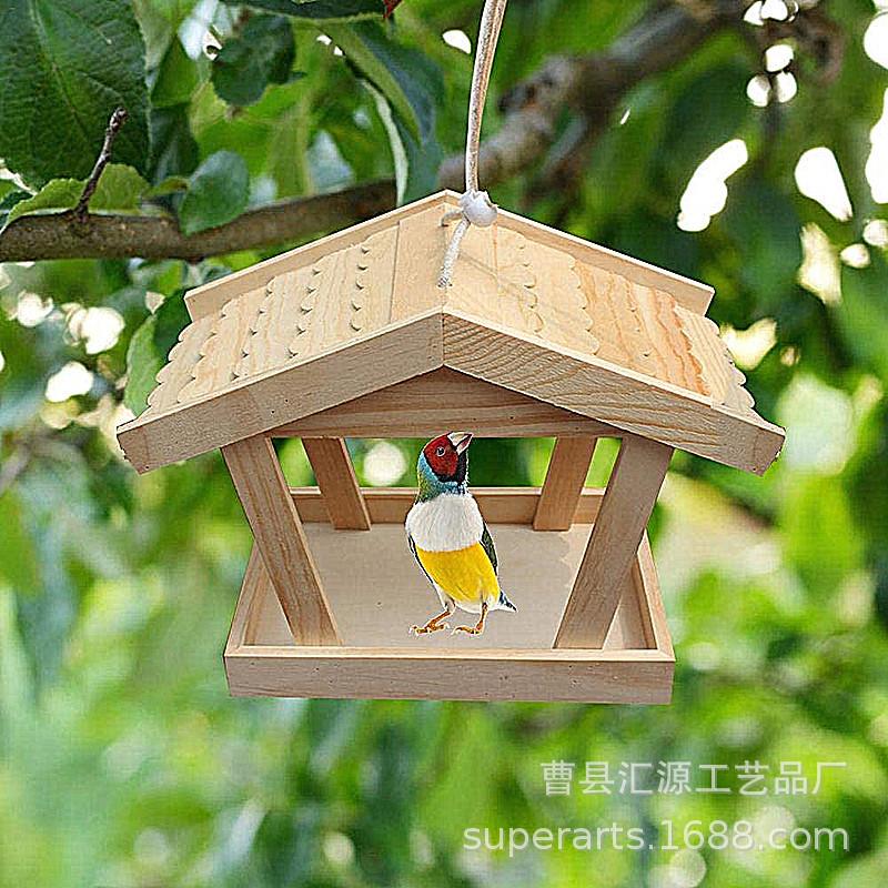 28 定做带花边屋顶棉绳提绳木制喂鸟台子 松木桐木喂鸟台