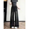 Jeans de Pierna Ancha de Moda Estilo Coreano para Mujer Otoño Nuevo de Cintura Alta Sueltos Versátiles Adelgazantes Pantalones de Pierna Ancha Negro-Gris