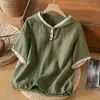 Top Elegante com Capuz de Manga Curta em Algodão e Linho Estilo Floresta Retrô Artístico 2026 Verão Nova Cor Color Block Solto Pulôver Roupas Femininas