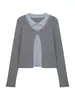 Design elegante e estiloso, lindo top de malha de manga comprida falso de duas peças para mulheres, outono, petite, estilo coreano, maduro e sofisticado