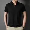 Camiseta Masculina de Manga Curta Cor Sólida Verão 2025 Seda Gelada Sem Costura Jovem e de Meia-Idade Gola Polo Manga Meia Manga Não Amassa