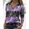 Amazon transfronterizo 2024 Camiseta nueva de otoño para mujer con cremallera estampada en contraste Lel de manga larga Camiseta básica Top