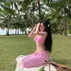 Maiô Biquíni para Mulheres 2025 Novo Estilo Amarelo Gengibre Floral Litoral Sexy Estilo Férias Conjunto de Três Peças com Saída de Praia para Fontes Termais