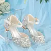 Zapatos de Tacón Alto de Cristal con Lazo para Niñas Nuevos en Stock Zapatos Brillantes de Princesa Zapatos de Cuero para Actuación de Piano de Niñas