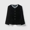 Cardigan Superior de Terciopelo Pesado y Seda Cuello Redondo Encaje de Organza Empalmado Chaqueta de Seda de Morera de Manga Larga para Mujer