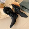 Botas vaqueras puntiagudas con bordado y combinación de colores nuevos Otoño e Invierno 2024, Botines de tacón grueso y medio, estilo británico, con boca en V para mujer