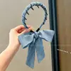 Elegante diadema de lazo azul denim con cintas para el pelo integradas para niños, accesorio para el pelo de niñas