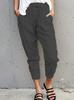 Pantalonas Casuais de Algodão e Linho de Cor Sólida com Cadarço, Simples, Verão Novo, Transfronteiriço, Feminino, Amazon, Slim Fit, Emagrecedor, Cropped