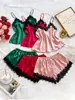 Conjunto de pijama para mujer transfronterizo con cuello de encaje, camisola y shorts, tres piezas sexy y elegante, lencería de satén de lujo, ropa de casa europea y americana