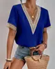 2023 Comércio Exterior Transfronteiriço Amazon Aliexpress Novo Estilo Renda Manga Curta Chiffon Blusa para Mulheres