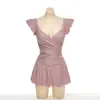 Traje de Banho Feminino Novo Estilo 2025, Cobre a Barriga, Emagrecimento, Maiô Conservador Peça Única, Rosa Estilo Coreano Sexy para Águas Termais