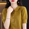 Nuevo Jersey de Punto de Algodón Puro con Cuello Polo de Seis Botones, Manga Corta, Botones, Color Sólido, Holgado, Pulóver, Camiseta Básica, Primavera y Verano 2026