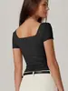 Amazon Transfronterizo Europeo y Americano Top de Mujer Ajustado Adelgazante Ombligo Color Sólido Cuello Cuadrado Camisa Básica Suave Manga Corta Cuello Cuadrado