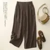 Tiro real 2026 nuevo primavera y verano literario retro algodón y lino holgado talla grande casual caída pantalones rectos de siete puntos mujer