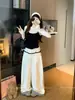 Conjunto Feminino Estilo Coreano Falso Duas Peças com Babados e Cores Contrastantes, Blusa de Manga Longa com Bolinhas e Calça Wide Leg, Nova Moda Outono 2025
