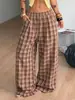 Pantalones de Pierna Ancha de Cintura Alta Elásticos con Cordón a Cuadros Retro Y2K Transfronterizos Europeos y Americanos de 2026 con Bolsillo Lateral Estilo Perezoso Largos hasta el Suelo
