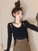 Suéter de Punto Básico para Mujer en Otoño e Invierno, Estilo Corto con Cordón Asimétrico y Corte Cut Out con Mangas Largas, Top Único y Chic