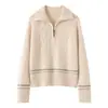 Novo suéter de malha de cashmere outono e inverno para mulheres, com zíper parcial, gola virada, pulôver, casual, modelagem solta, afina a silhueta, peça superior espessa