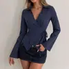 Camisa transfronteiriça europeia e americana Amazon outono 2026 novo estilo com gola, acinturada, tie-dye, listra contrastante, manga sino, manga longa
