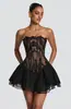 Vestido Corto de Corsé de Encaje sin Tirantes Cintura Escote de Encaje Doble Capa Falda de Dobladillo Amplio Vestido de Dos Piezas