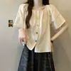 Camisa de algodón y lino de manga corta abullonada con botones de colores para mujer, talla grande de verano, corte holgado, que disimula la barriga, top de aspecto juvenil