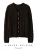 Cardigan de tricô trançado 100% caxemira pura retrô para outono e inverno para mulheres, gola V, com pontos coloridos, suéter de tricô estilo casual