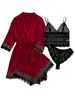 Pijamas transfronteiriços femininos de verão coloridos plus size europeus e americanos pijamas sexy com alças finas renda conjunto de quatro peças atacado