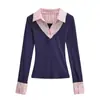 Camisa Gola Listrada Patchwork Estilo Americano Menina Picante Manga Longa Falsa Peça Dupla Outono Tendência Versátil Slim-Fit Top Básico para Mulheres
