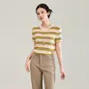2613302-16 agulhas malha fina lã Merino ultrafina casual listrada manga curta camiseta malha de outono