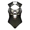 Body de renda europeu e americano transparente e sexy para uso transfronteiriço, conjunto de sutiã push-up sexy vazado, modelador de malha preta