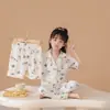 Pijama Infantil Meninas Verão Algodão Nuvem Fino Três Peças Desenho Animado Crianças Médias e Grandes Verão Manga Curta Calça Roupas de Casa