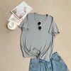 Verde Abacate Grande Gola U Tricô Cor Sólida Manga Curta Camiseta Feminina Verão Fina Leve Preguiçoso Solta Top Camiseta Feminina