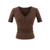 Camiseta Feminina Elegante e Atraente para o Verão 2025, com Design de Botões, Decote V, Corte Justo, Cintura Ajustável, Ombro Normal e Manga Curta