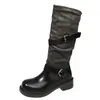Botas de Cavaleiro Empilhadas Retrô Femininas 2026 Nova Chegada de Outono Cano de Altura Dupla Fivela de Cinto Salto Grosso Botas Longas Couro de Microfibra Bico Redondo