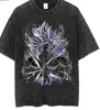 Tamanho Europeu Transfronteiriço Camiseta Masculina de Manga Curta Lavada Vintage Desenho Animado Anime Estilo Dark High Street Europeu e Americano Camiseta Curta Masculina
