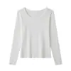Camiseta Base Redonda Grande Youkesi para Mujer, Hombro Normal, Canalé, Ajuste Delgado, Manga Larga Blanca, Top Básico para Verano