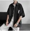Camisa masculina de cinco mangas estilo Hong Kong, versão coreana da moda estilo BF, camisa estilosa, camisa casual de meia-manga com bolso decorado, cardigã