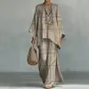 Nuevo conjunto de dos piezas para mujer: camiseta casual de moda con estampado transfronterizo, cuello redondo, manga larga + pantalones de campana