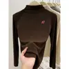Camiseta Manga Longa Gola Meia-Alta Regular Melanóide Bambu Escovado Algodão Ombro Normal Top Versátil Emagrecedor Gola Integrada Outono