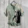 Camisa Polo de Hombre con Cuello en V Estampado Digital 3D, Lino de Bambú, 3 Materiales, Botones, Estilo Ukiyo-e Japonés, Transpirable y que Absorbe la Humedad