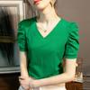 Camiseta de Cuello en V para Mujer de Manga Corta 2026 Verano Nuevo Estilo Amigable con la Piel Transpirable Algodón Hielo Camiseta Blanca Top Holgado de Manga Abullonada