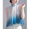 Este ano popular bela camisa de pescoço sem mangas gradiente azul das mulheres luz madura nicho francês top estilo estrangeiro