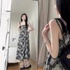 Alças de Ombro Artesanais Originais Ajustáveis Floral a Tinta Top Tubinho Saia Vestido de Verão Feminino Design Elegante Vestido de Alça