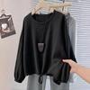 Camiseta Manga Longa Fina Lanterna para Mulheres 2025 Outono Nova Tamanho Grande Gordura mm Design Slim Top com Cordão para Mulheres Ins